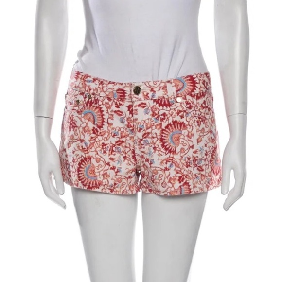 TORY BURCH Red & Cream Printed Denim Mini Shorts EUC Size XS 51131243